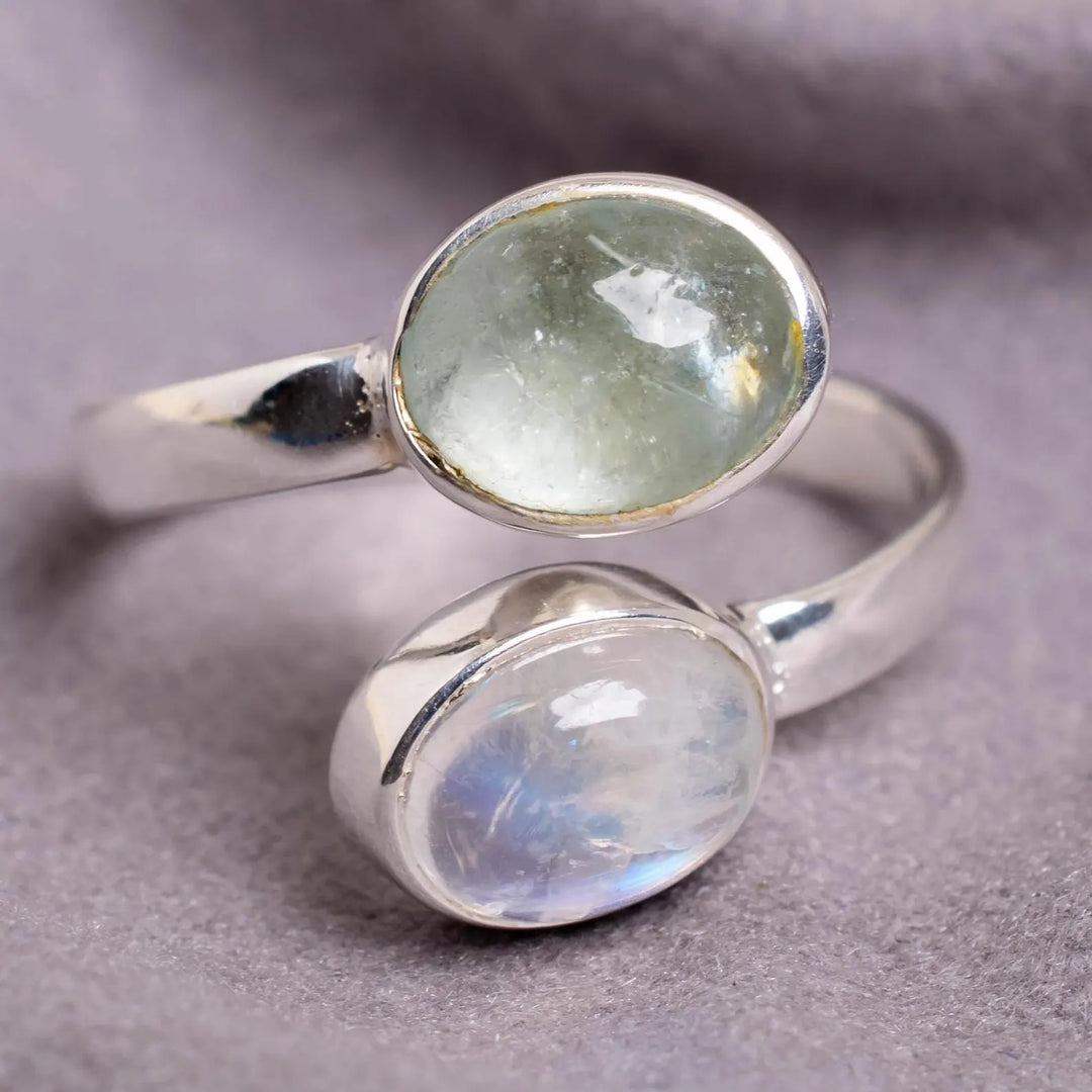 Moonstone Aquamarine Ring: Sterling Silver Toi et Moi Birthstone Jewelry