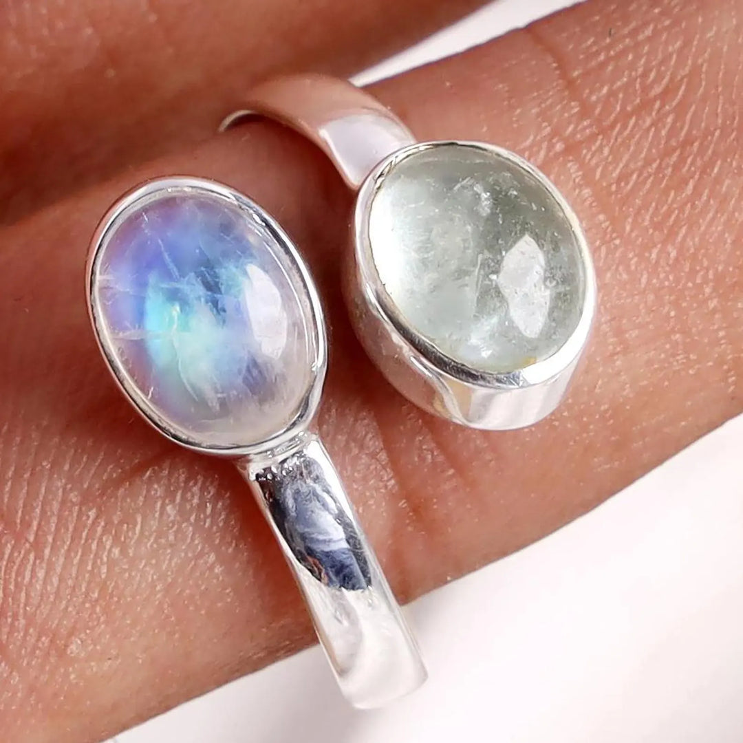 Moonstone Aquamarine Ring: Sterling Silver Toi et Moi Birthstone Jewelry