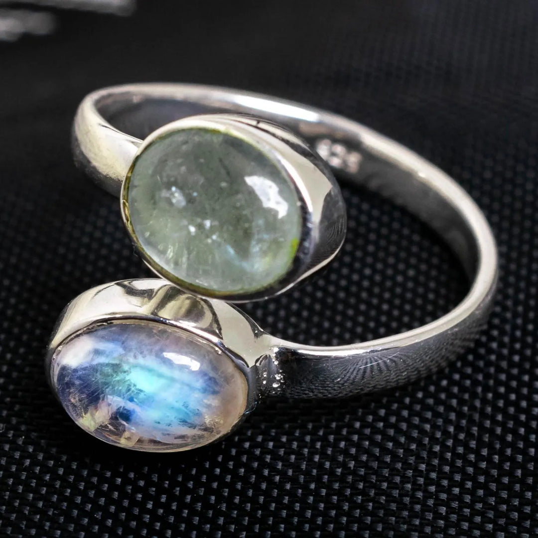 Moonstone Aquamarine Ring: Sterling Silver Toi et Moi Birthstone Jewelry