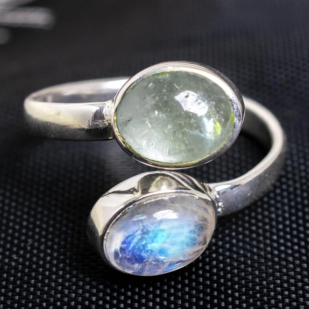 Moonstone Aquamarine Ring: Sterling Silver Toi et Moi Birthstone Jewelry