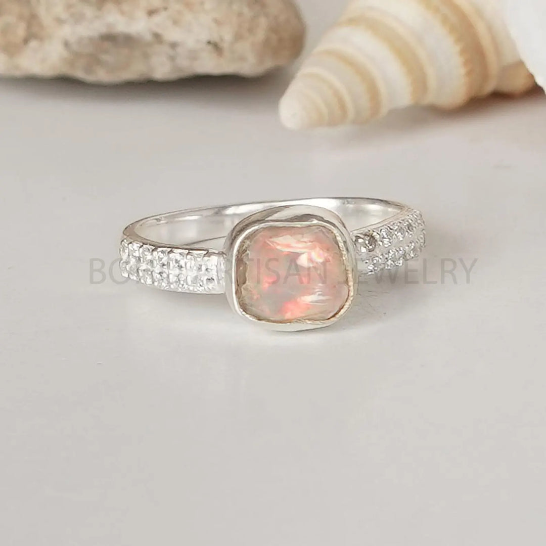 Rainbow Moonstone CZ Ring: Handmade Sterling Silver Boho Jewelry