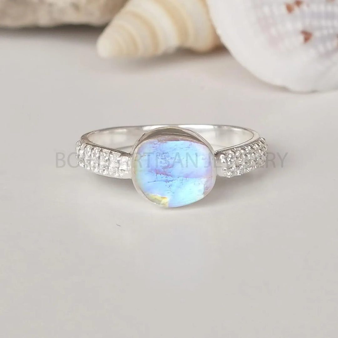 Rainbow Moonstone CZ Ring: Handmade Sterling Silver Boho Jewelry