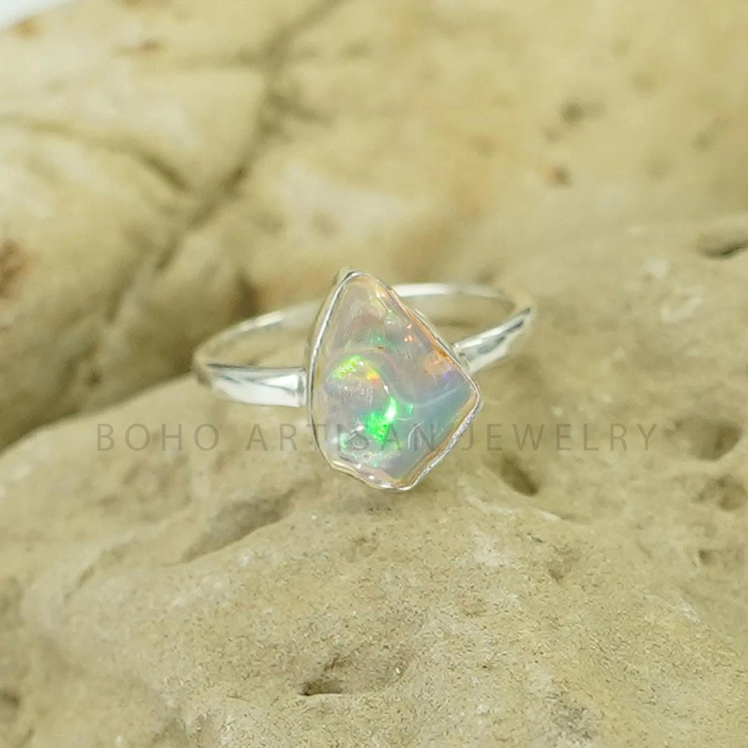 Raw Ethiopian Opal Ring: Sterling Silver Boho Jewelry