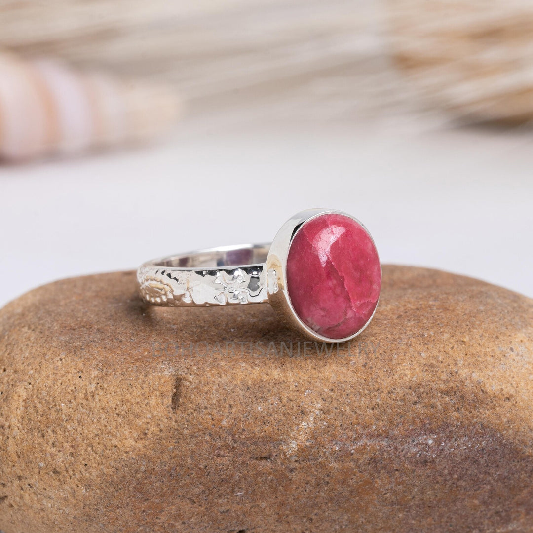 Floral Sterling Silver Thulite Ring: Handmade Boho Jewelry