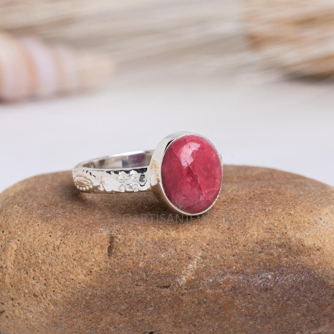 Floral Sterling Silver Thulite Ring: Handmade Boho Jewelry