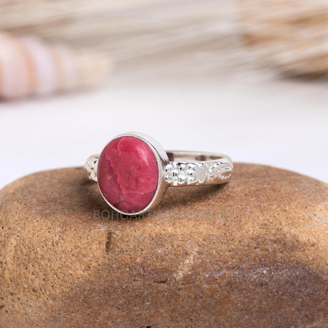 Floral Sterling Silver Thulite Ring: Handmade Boho Jewelry