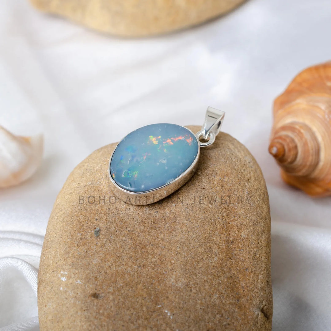 Boho Australian Opal Doublet Necklace: 925 Sterling Silver Pendant