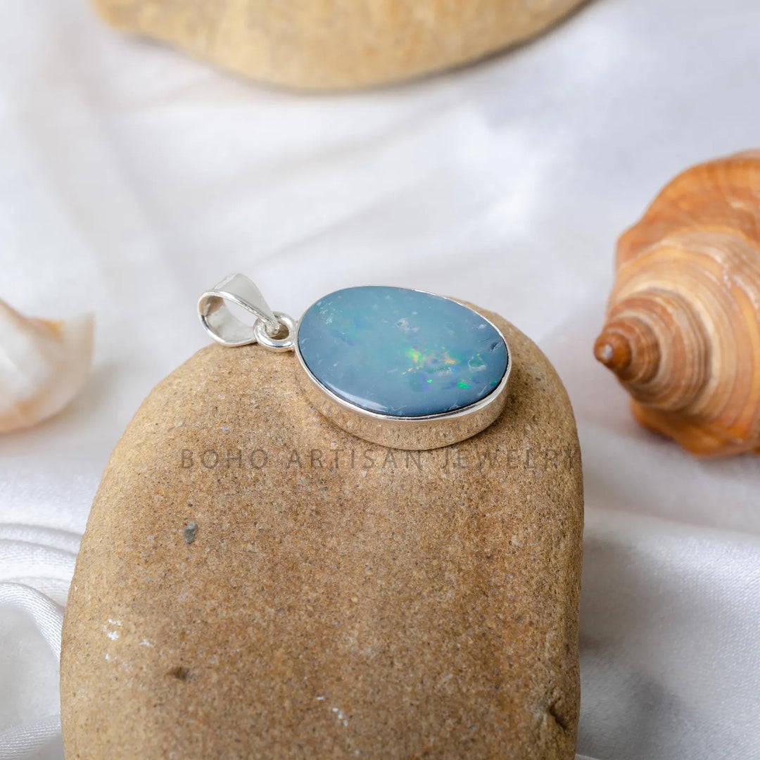 Boho Australian Opal Doublet Necklace: 925 Sterling Silver Pendant