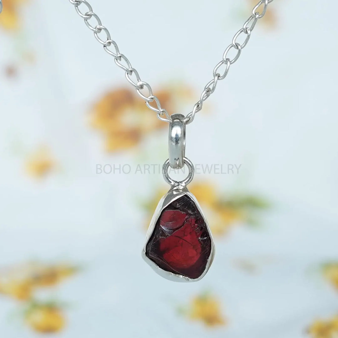 Raw Garnet Pendant Necklace, 925 Sterling Silver, Handmade Crystal Jewelry, Rough Stone, January Birthstone, Healing Necklace, Gift for Her