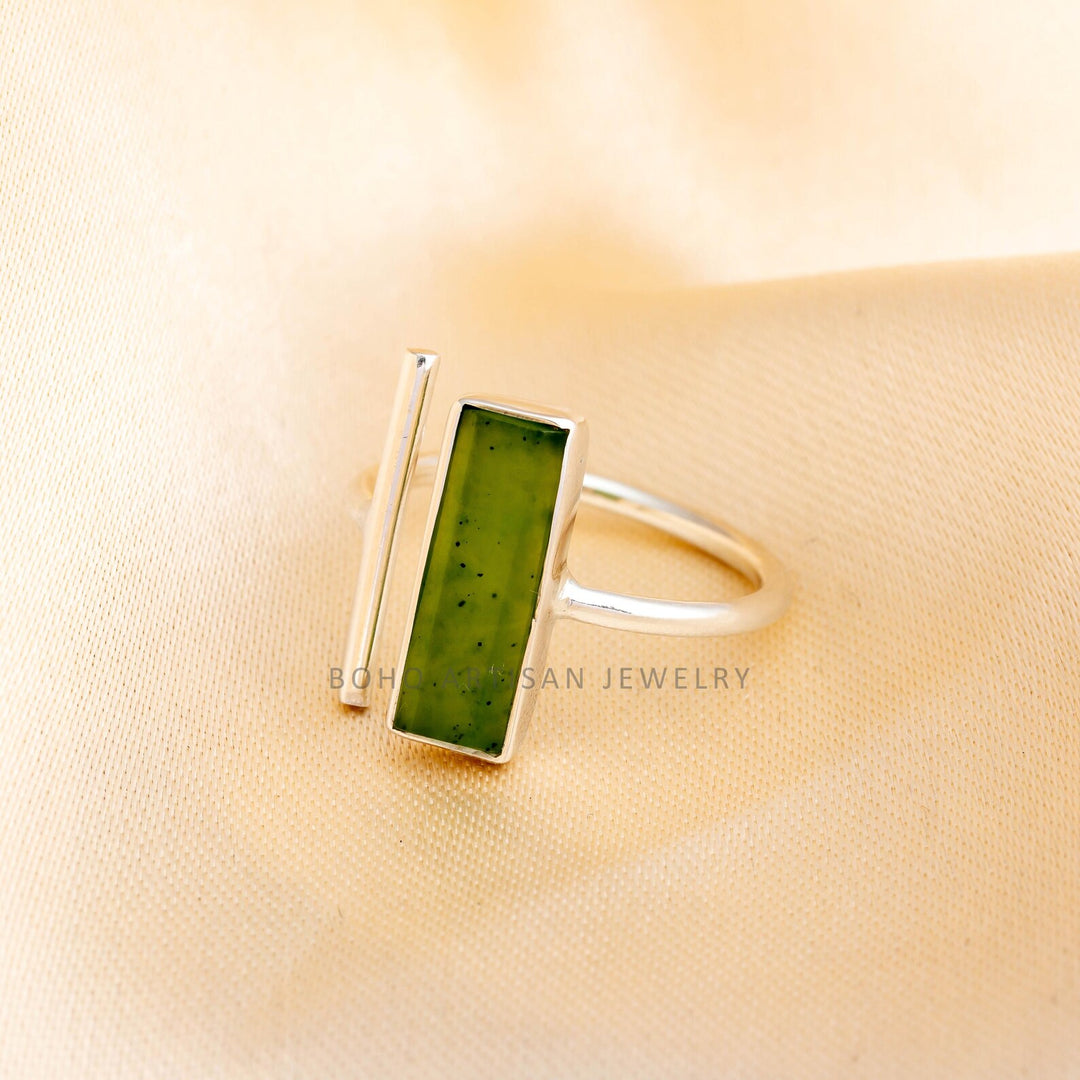 Raw Green Jade Bar Ring: Sterling Silver Adjustable Statement Jewelry