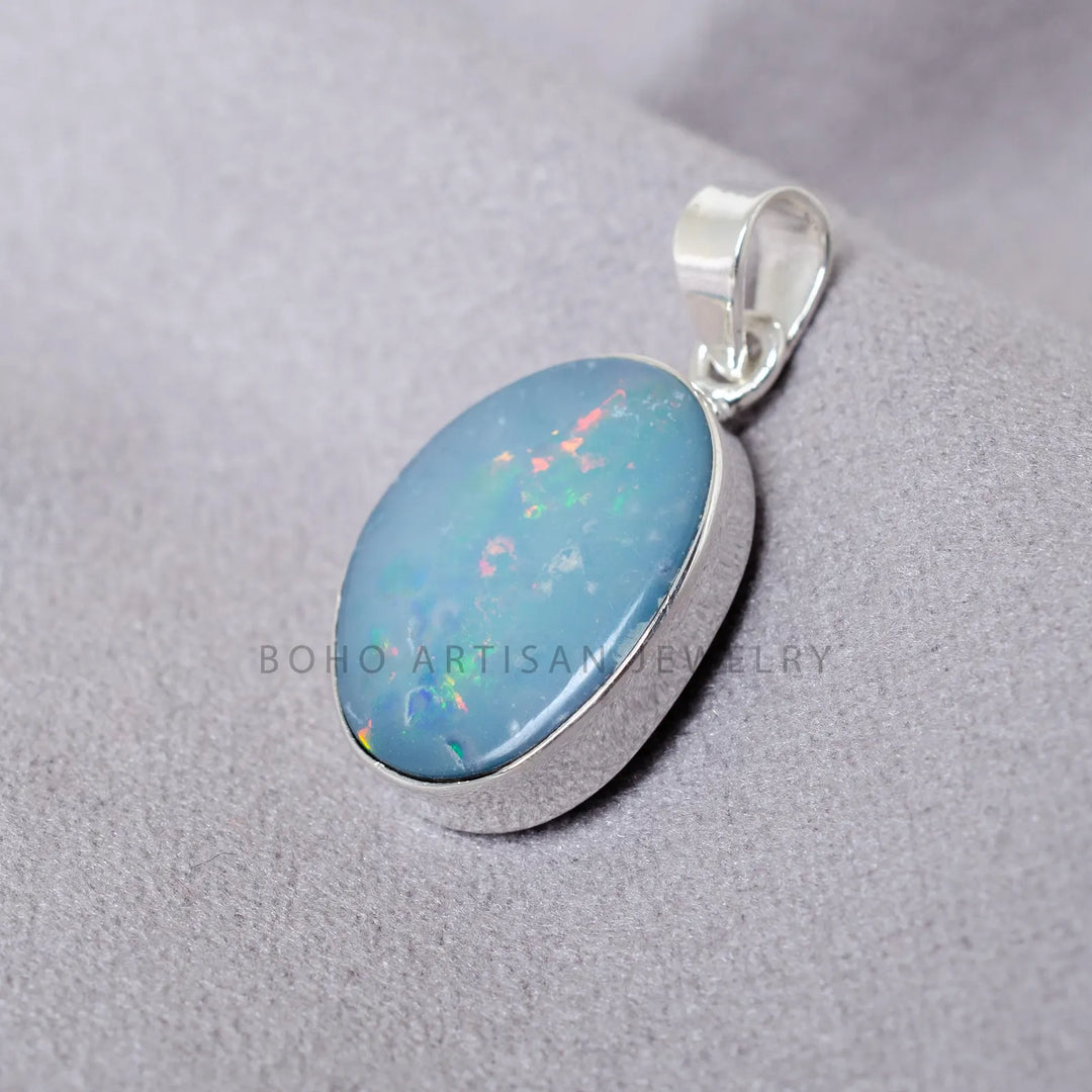 Boho Australian Opal Doublet Necklace: 925 Sterling Silver Pendant