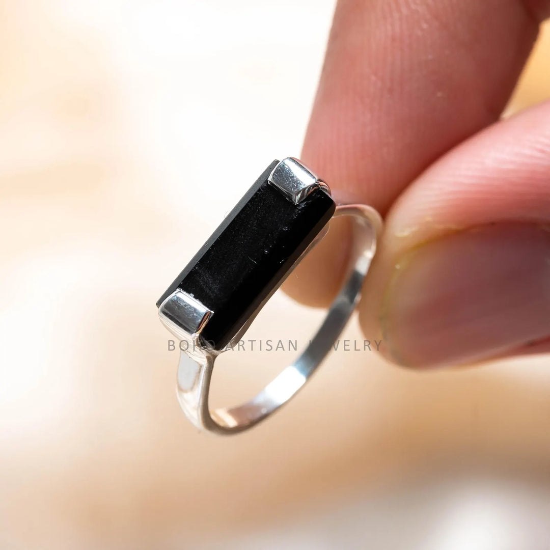 Black Tourmaline Bar Ring, Thin Bar Ring, Sterling Silver Ring, Stackable Jewelry, Dainty Bar Ring, October Birthstone Jewelry, Gift for her