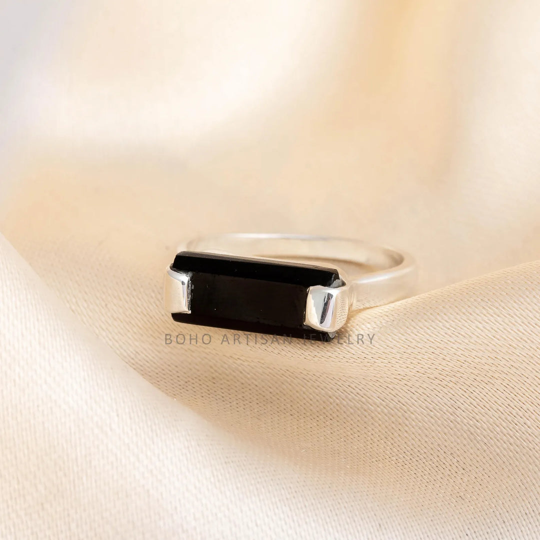 Black Tourmaline Bar Ring, Thin Bar Ring, Sterling Silver Ring, Stackable Jewelry, Dainty Bar Ring, October Birthstone Jewelry, Gift for her