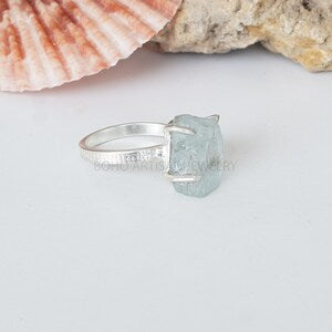 Raw Aquamarine Ring: Sterling Silver Textured Band, March Birthstone