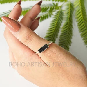 Raw Black Tourmaline Bar Ring: Sterling Silver Stackable Gemstone
