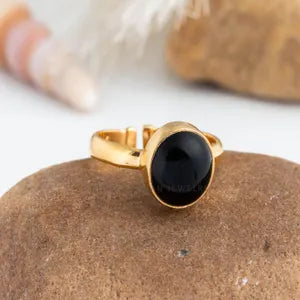 Black Obsidian Gold Ring, 14K Gold Adjustable Ring, Handmade Jewelry, Black Boho Ring, December Birthstone, Protection Ring, Gift For Her