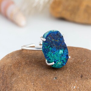 Raw Azurite Malachite Ring: Adjustable Sterling Silver Boho Jewelry