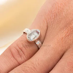 Raw Herkimer Diamond Ring: Sterling Silver Floral Band, Adjustable Boho Crystal