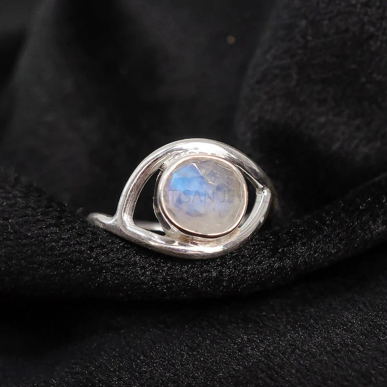 Evil Eye Moonstone Ring, Silver Handmade Ring, Moonstone Rose Cut Ring, Fire Moonstone, Rough Stone Jewelry, July Birthstone, Gift For Her