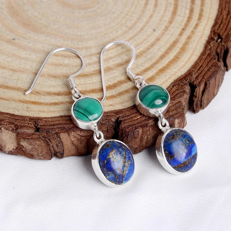 Malachite Lapis Lazuli Earrings: Handmade Sterling Silver Dangle Jewelry