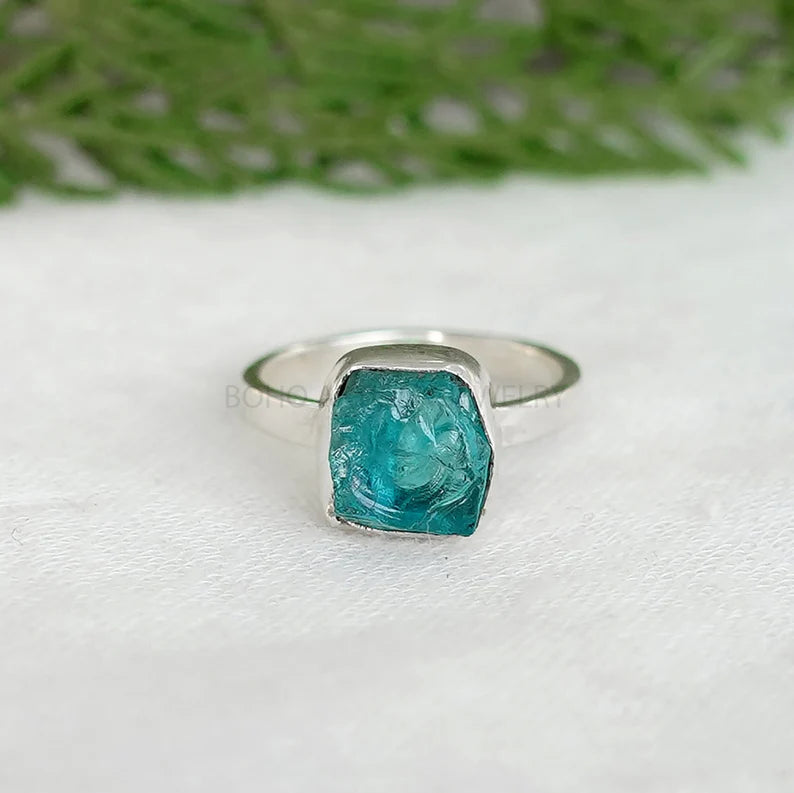 Raw Blue Apatite Ring: Sterling Silver Boho Ring, Handmade Jewelry