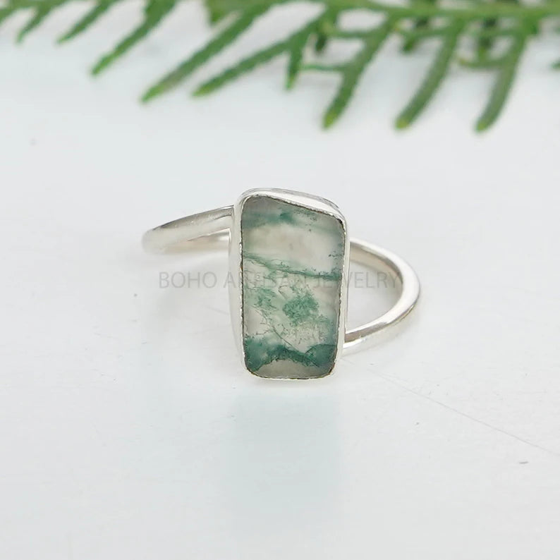 Handmade Moss Agate Ring: 925 Sterling Silver Twisted Band, Boho Jewelry