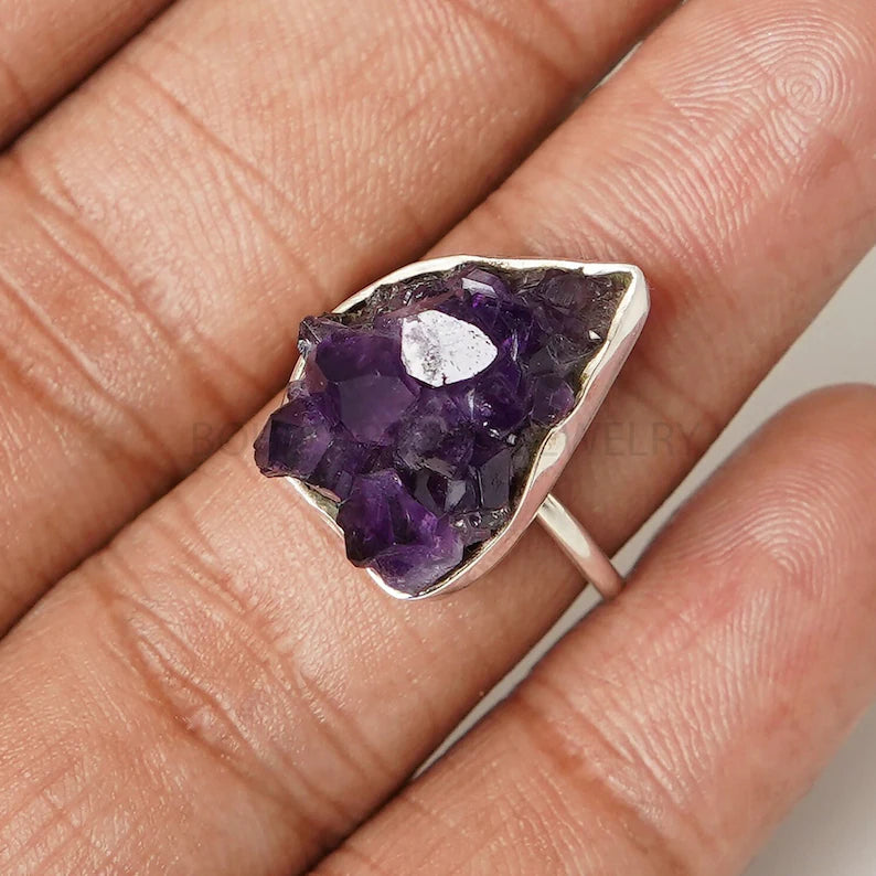 Raw Amethyst Geode Ring: Sterling Silver 925, Handmade Boho Jewelry