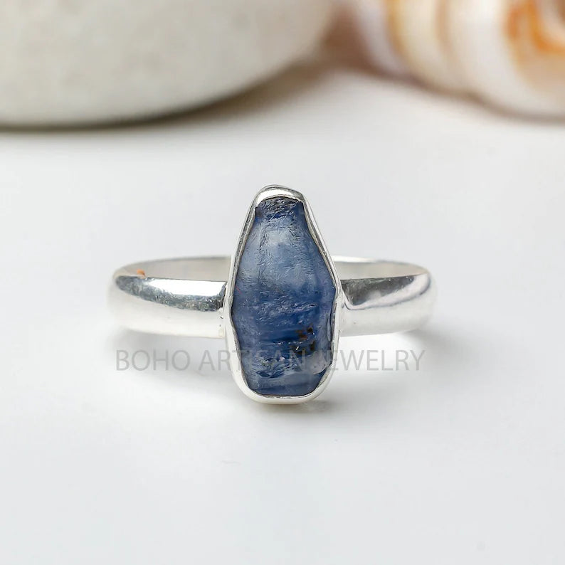 Raw Sapphire Sterling Silver Ring: Natural Crystal, September Birthstone