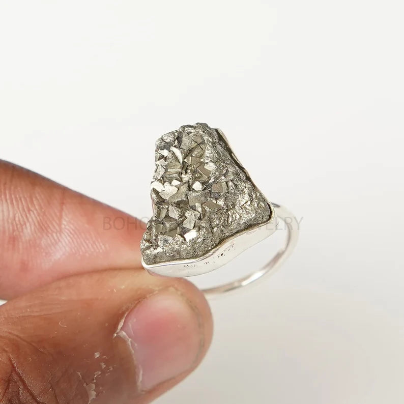 Raw Pyrite Druzy Ring: Sterling Silver Rough Stone Statement Jewelry