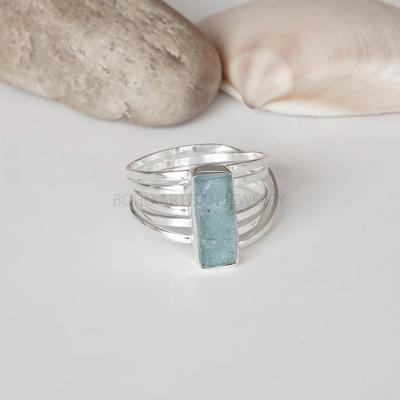 Raw Aquamarine Spiral Ring, Natural Bar Ring, Sterling Silver Jewelry, Aquamarine Ring, March Birthstone, Crystal Ring, Gift For Women
