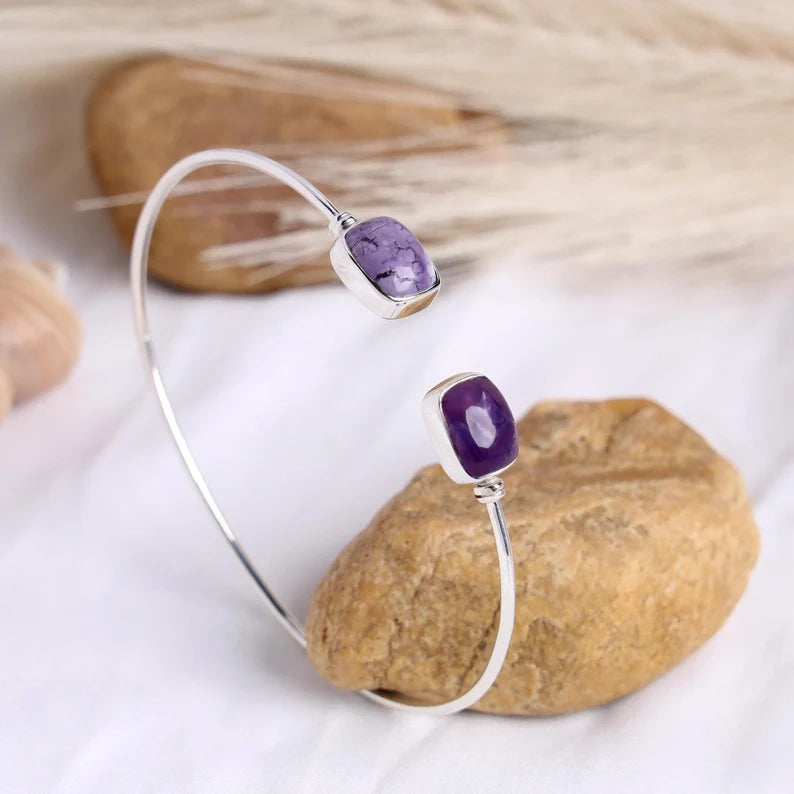 Purple Jasper Sterling Silver Cuff Bracelet - Adjustable Bangle