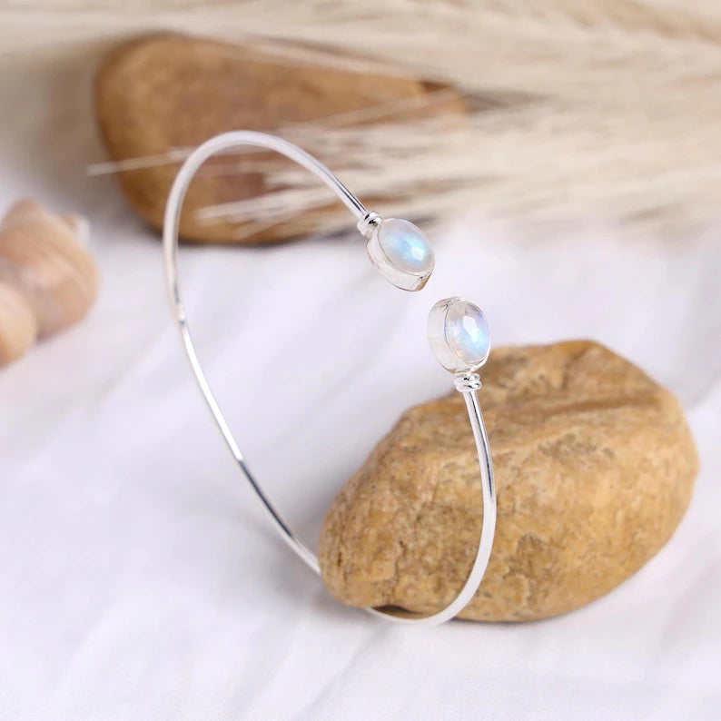 Moonstone Cuff Bracelet, Rainbow Moonstone Bangle Bracelet, Handmade Silver Jewelry, Adjustable Bracelet, June Birthstone, Christmas Gift