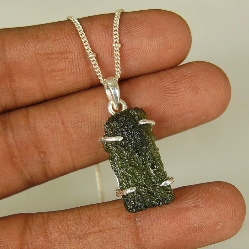 Raw Moldavite Pendant: Sterling Silver Green Gemstone Jewelry