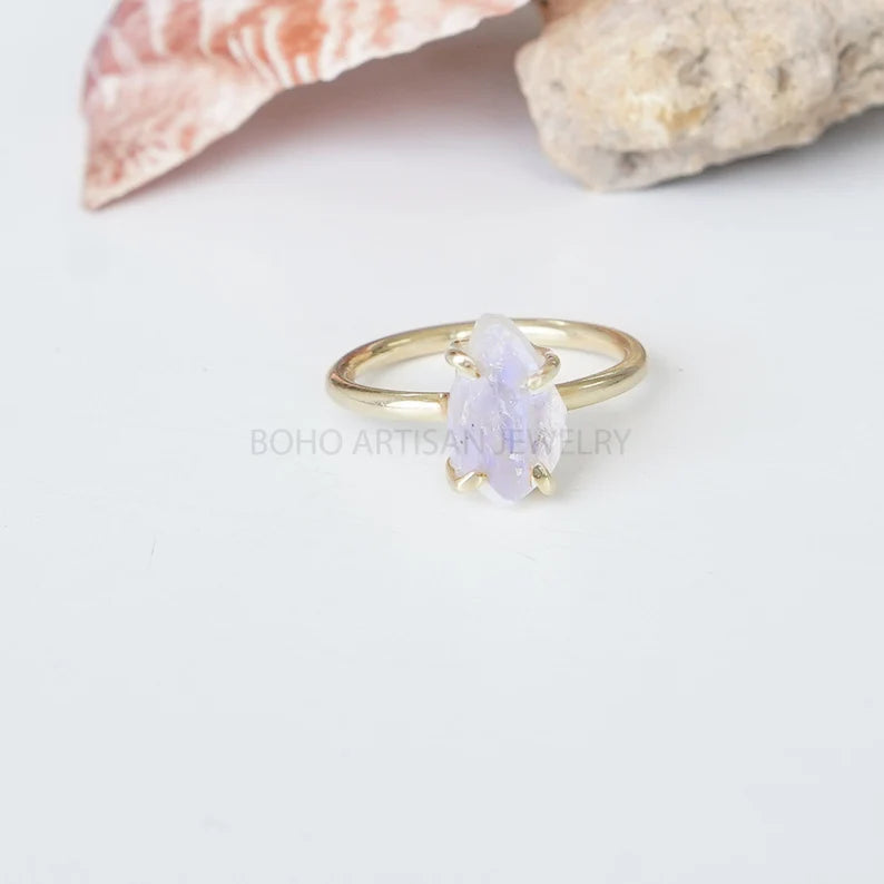 Raw Moonstone Gold Ring, 14K Gold Plated Ring, Handmade Ring, Blue Fire Moonstone, Rough Stone Jewelry, July Birthstone, Gift For Women