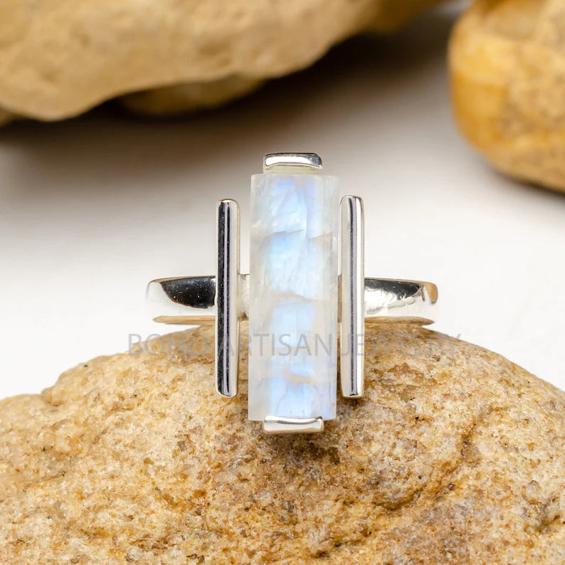 Raw Moonstone Bar Ring • Handmade Silver Jewelry • Raw Crystal Ring • Dainty Gemstone Ring • Blue Fire Moonstone • Statement Ring • Gift