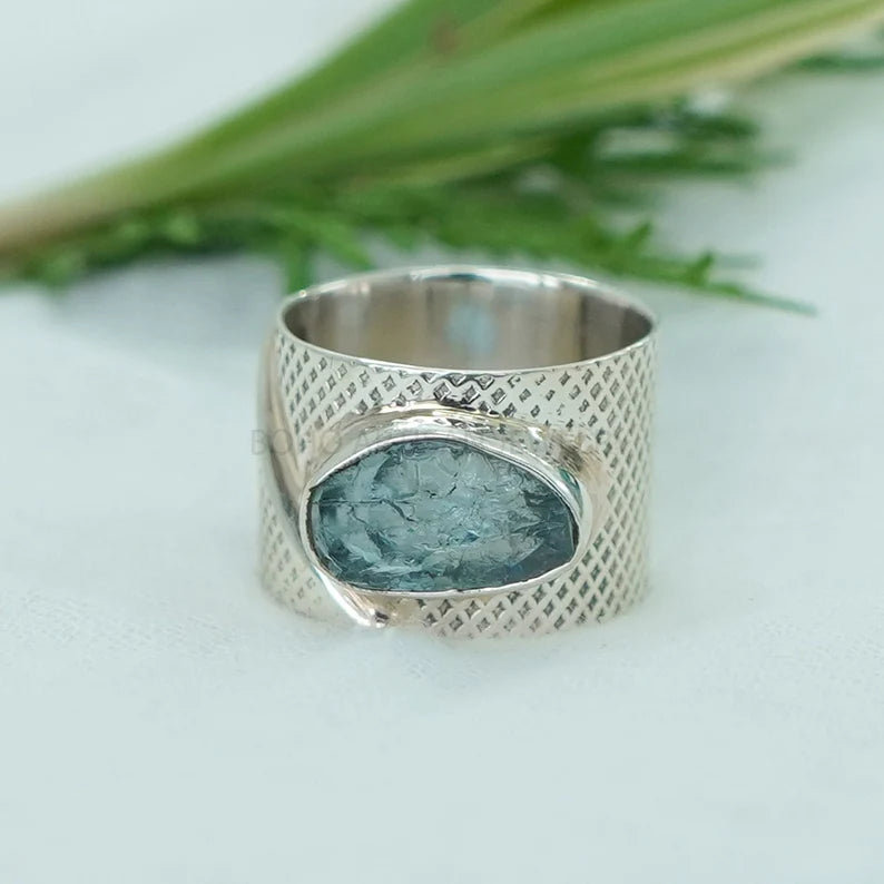 Raw Aquamarine Ring: Hammered Sterling Silver Textured Band