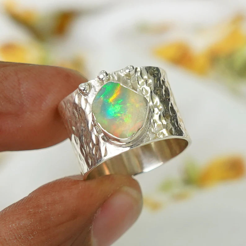 Raw Ethiopian Opal Ring: Sterling Silver Stacking Band, Boho Jewelry