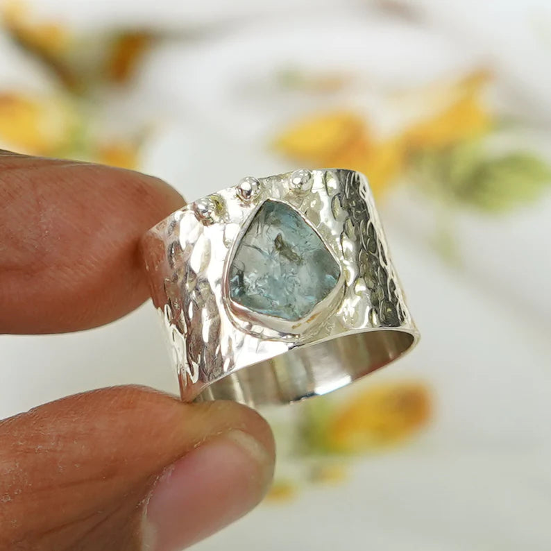 Raw Aquamarine Ring: Hammered Sterling Silver Textured Band