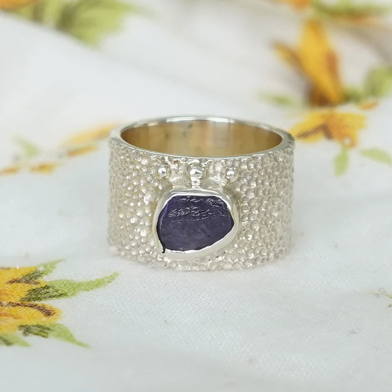 Handmade Raw Tanzanite Sterling Silver Textured Band Ring