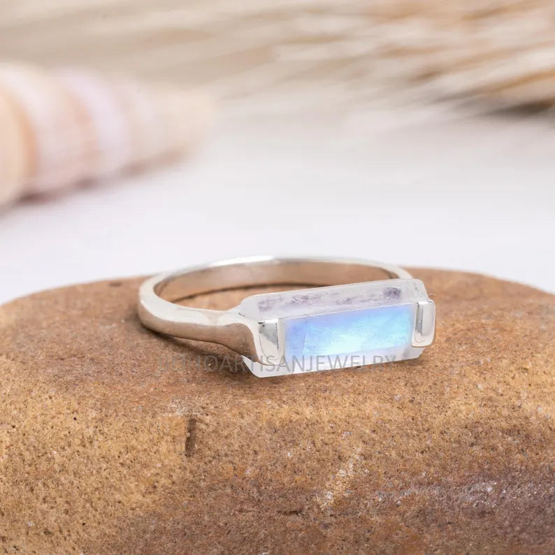 Rainbow Moonstone Bar Ring, Thin Bar Ring, Sterling Silver Ring, Stackable Jewelry, Dainty Bar Ring, June Birthstone Jewelry, Gift for her