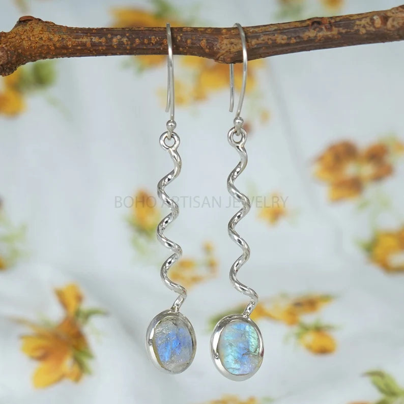 Raw Moonstone Dangle Earrings: Twisted Sterling Silver, July Birthstone