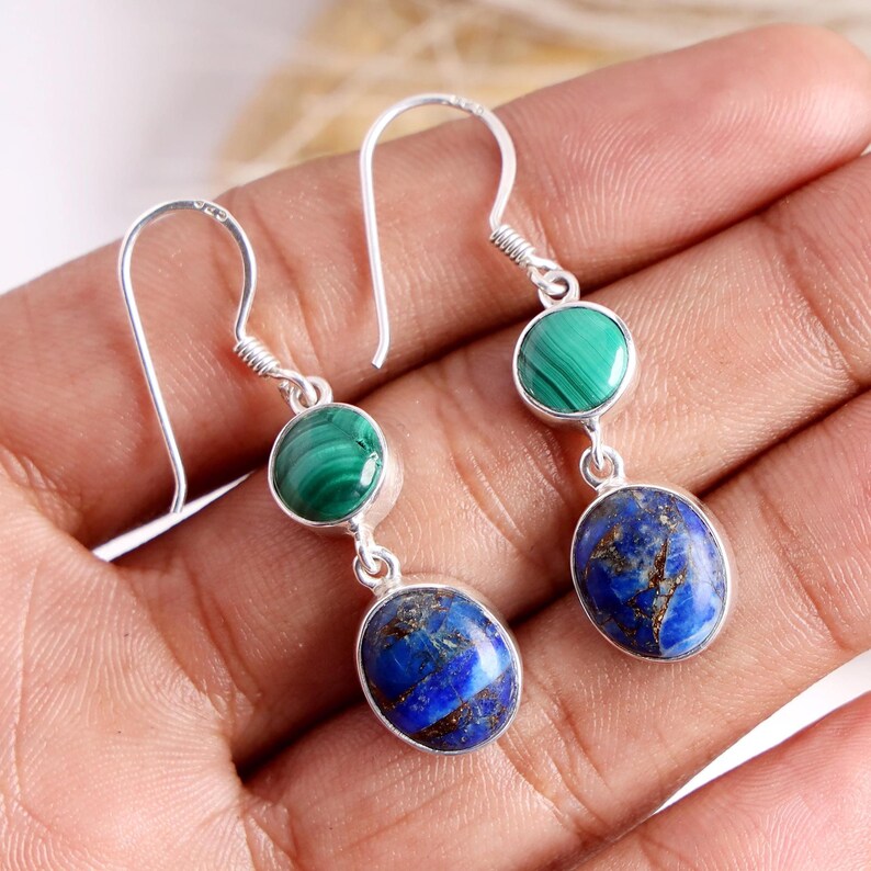 Malachite Lapis Lazuli Earrings: Handmade Sterling Silver Dangle Jewelry