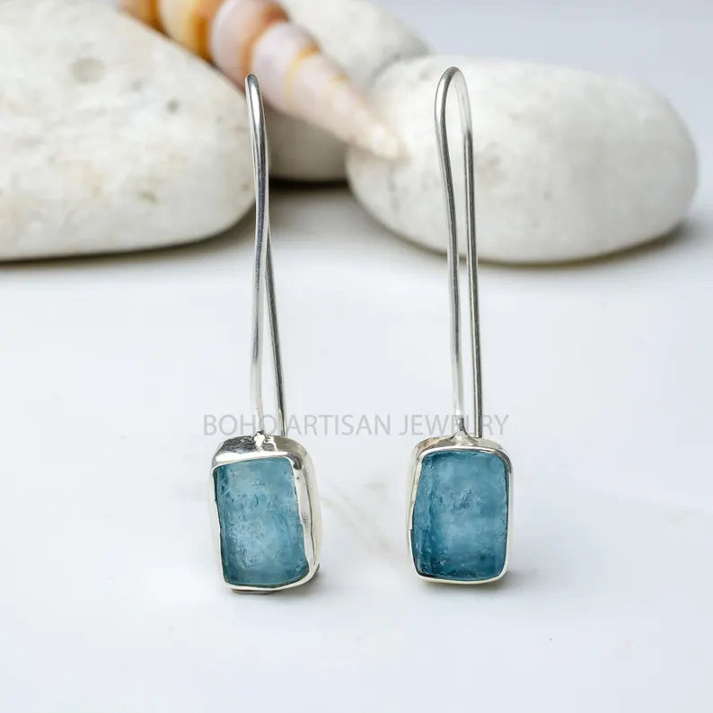 Raw Aquamarine Dangle Earrings: Sterling Silver Handmade Jewelry