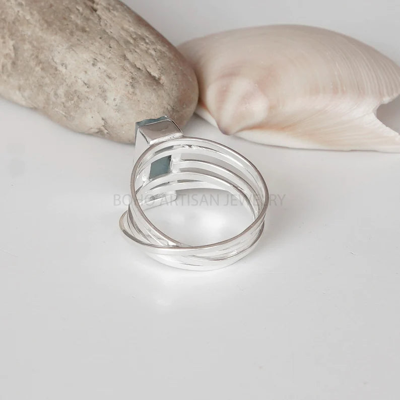 Raw Aquamarine Spiral Ring, Natural Bar Ring, Sterling Silver Jewelry, Aquamarine Ring, March Birthstone, Crystal Ring, Gift For Women