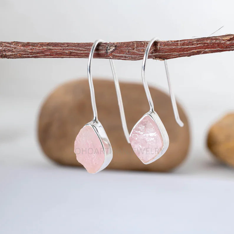 Raw Rose Quartz Earring, Dangle Earring, Silver Handmade Jewelry, Rough stone, 925 Sterling Silver, Pink Gemstone Earrings, Gift For Her