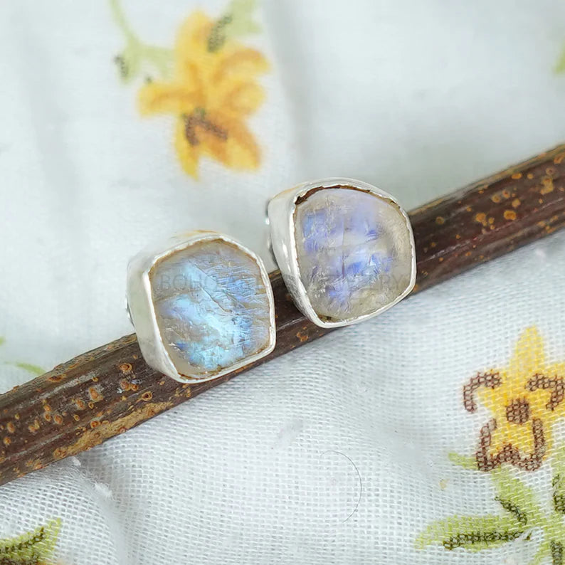 Raw Moonstone Stud Earrings: Sterling Silver, July Birthstone