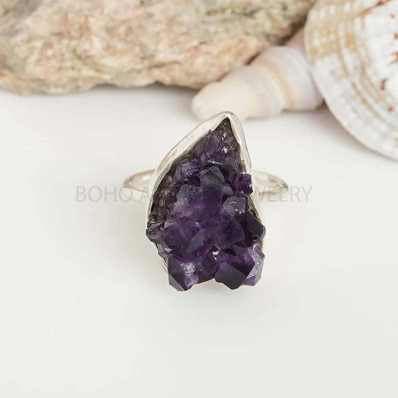 Raw Amethyst Geode Ring: Sterling Silver 925, Handmade Boho Jewelry