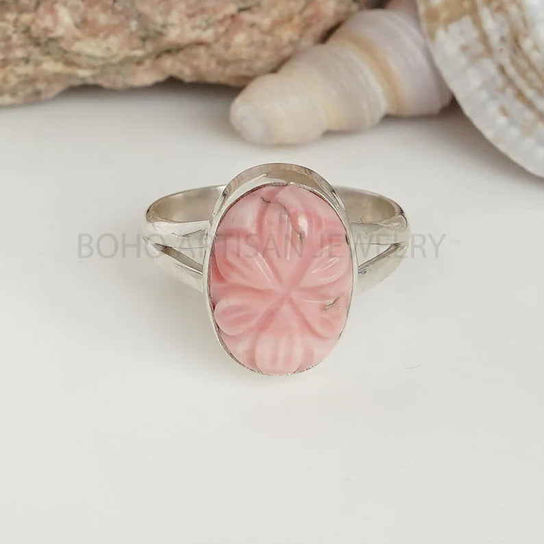 Raw Pink Opal Ring: Sterling Silver Boho Stacking Ring