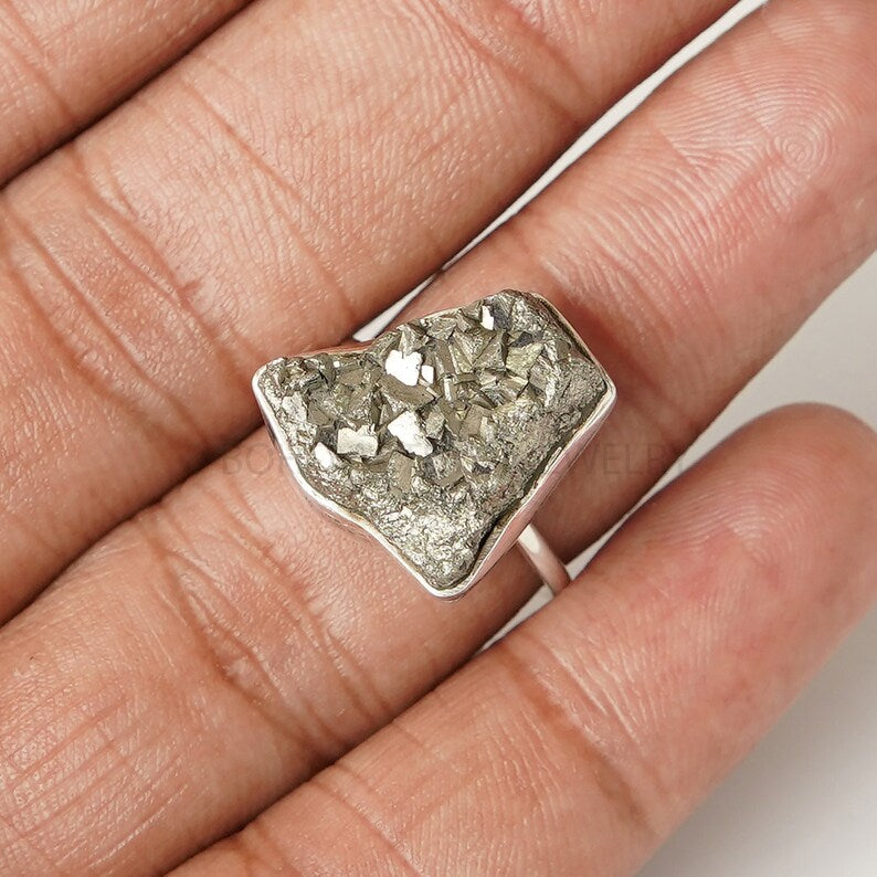 Raw Pyrite Druzy Ring: Sterling Silver Rough Stone Statement Jewelry
