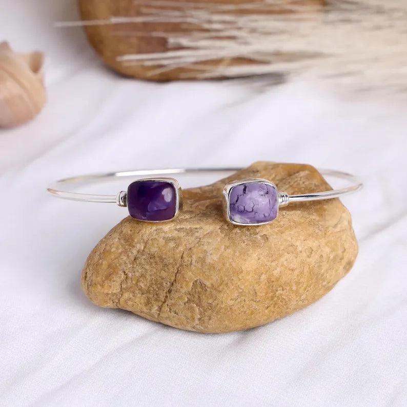 Purple Jasper Sterling Silver Cuff Bracelet - Adjustable Bangle